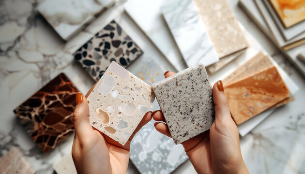 A variety of marble and granite countertop samples in a variety of colors and patterns.
