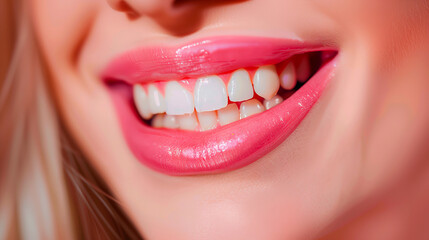 Oral Health. Woman's Smile with Pink Lips and Perfect Clean Teeth. Happiness. Self-Care. Dentistry. Whitening. Fresh Breath