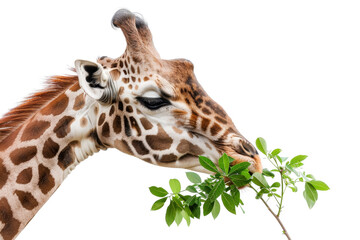 Obraz premium Close-up of a giraffe eating green leaves, showcasing its unique patterns and majestic presence against a transparent background.