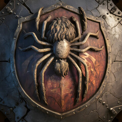 Spider emblem on a metallic background.