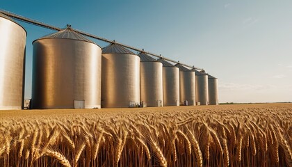 Agricultural Silos for storage and drying of grains, wheat, corn, soy, sunflower - Beautiful landscape of sunset over wheat field at summer