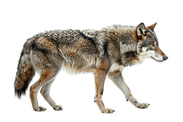Obraz premium Close-up of a lone wolf walking gracefully, showcasing its fur details and strong presence against a transparent background.