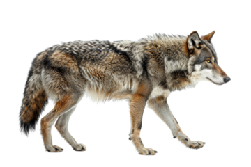 Close-up of a lone wolf walking gracefully, showcasing its fur details and strong presence against a transparent background.