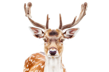 Close-up of a majestic deer with antlers, featuring beautiful brown fur and white spots, against a transparent background.