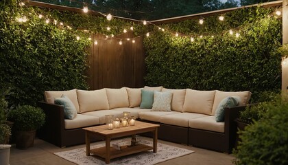 Contemporary backyard patio with neutral tiled ground, a rectangular fire pit, sectional seating, and charming string lights.