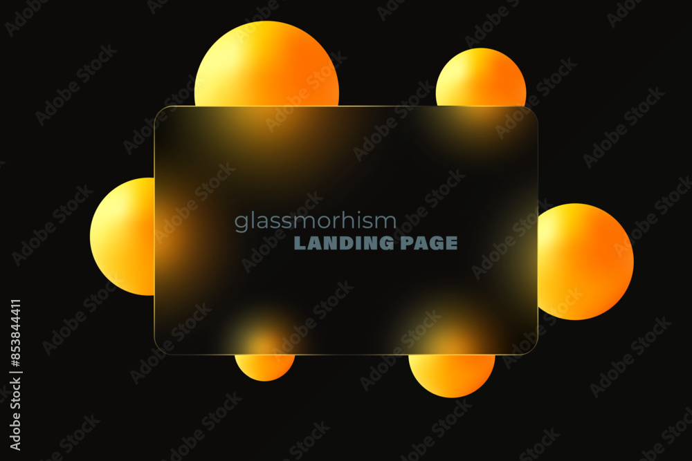 Poster glass morphism landing page with rectangular frame on black background. vector illustration with blu