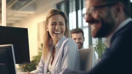 Obraz premium Charming woman in office, dressed in suit. She sits at a stylish modern desk and smiles sweetly. Diversity concept.