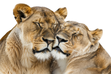 Close-up of two affectionate lionesses cuddling and showing tender affection against a transparent background. in this touching nature scene.