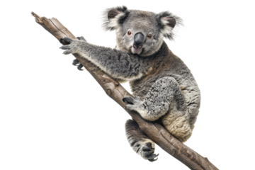 Cute koala bear clinging to a tree branch, isolated on transparent background. highlighting its natural habitat and adorable features.