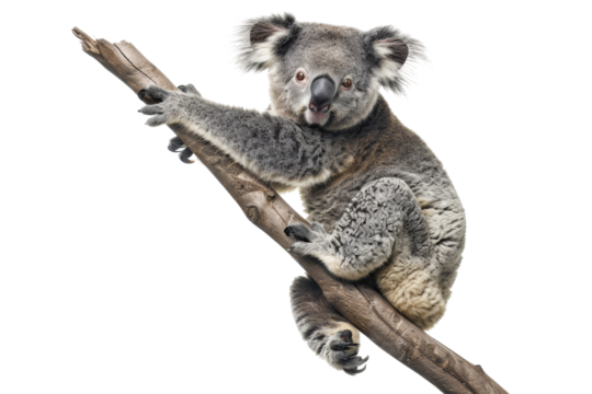 Cute koala bear clinging to a tree branch, isolated on transparent background. highlighting its natural habitat and adorable features.