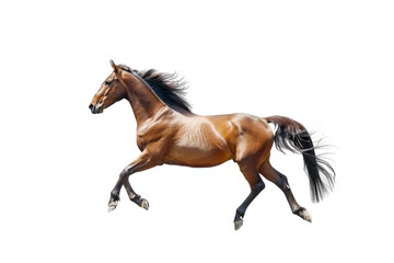 Elegant brown horse in motion with flowing mane and tail, isolated on transparent background. Perfect for equestrian and animal-themed imagery.