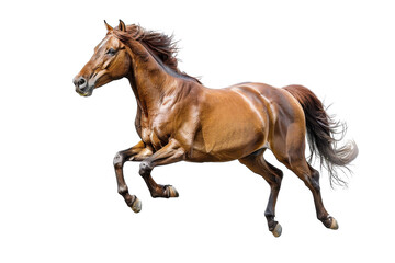 Obraz premium Dynamic brown horse galloping in full motion with a glowing coat, showcasing strength and speed on a transparent background.