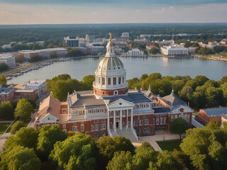Aerial drone of the Maryland State House, Annapolis with the city