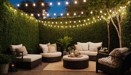 The outdoor patio is lit with a fire pit and wicker furniture