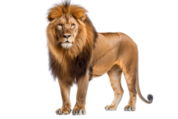 Magnificent lion with a flowing mane standing proudly, exuding strength and majesty in a natural wildlife setting.