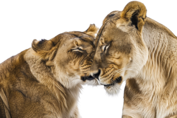 Two lions share a tender moment, heads touching affectionately. A powerful display of affection and bond in the animal kingdom.
