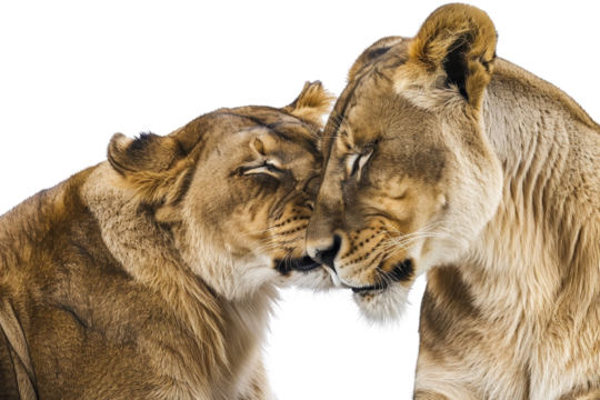 Two lions share a tender moment, heads touching affectionately. A powerful display of affection and bond in the animal kingdom.