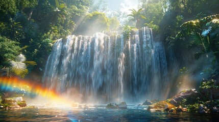 Mystical waterfall in dense forest with glowing sunlight, creating a serene and magical natural scene