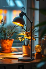 A desk lamp is lit up and sits on a wooden desk