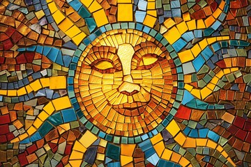 Vibrant and colorful mosaic sun artwork illustration with textured background and warm yellow. Orange. And red colors. Handcrafted with glass pieces