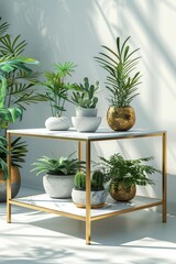 Fototapeta premium A white table with a gold frame and a shelf underneath it