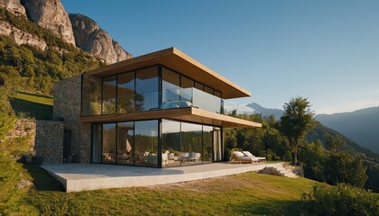 Fototapeta premium floating design and sweeping views of the mountains this house blurs the line between the natural and manmade.