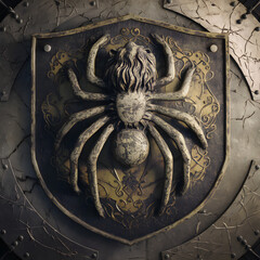 Spider emblem on a metallic background.