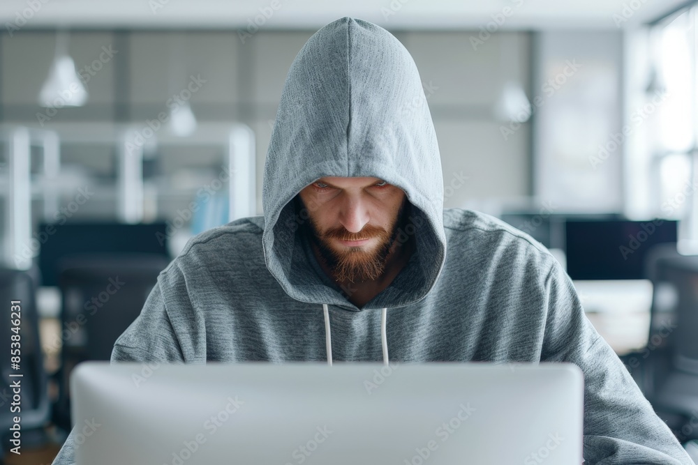 Aufkleber unveiling the anonymous menace: person in hoodie at computer screen symbolizing online scammers
