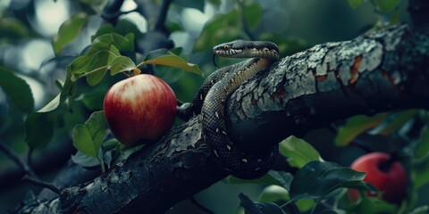 A snake sits next to an apple on a tree branch, a simple and intriguing scene