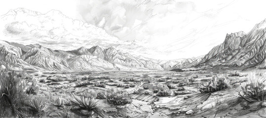 Intricate Mountain Range Drawing in Black and White