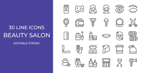 Beauty salon icon set vector illustration editable stroke. hair, hairdryer, brush and more