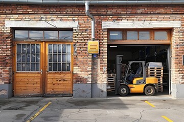 Forklift lifting goods in logistics warehouse professional photography