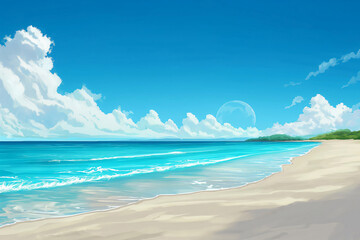 Obraz premium Tranquil and serene tropical beach paradise with pristine white sand. Clear azure water. And untouched coastline. Offering a picturesque view of the peaceful nature and exotic seascape