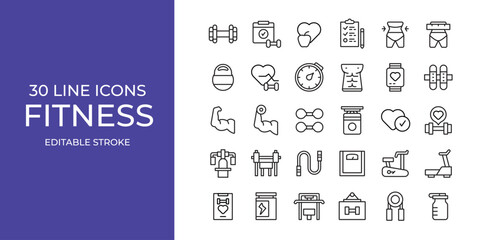 Fitness icon set vector illustration editable stroke. treadmill, barbell, body goals and more