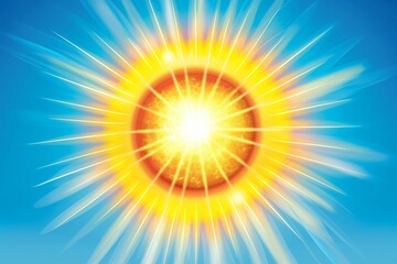 This striking illustration features a luminous sun with detailed rays spreading warmth and light against a serene blue sky backdrop