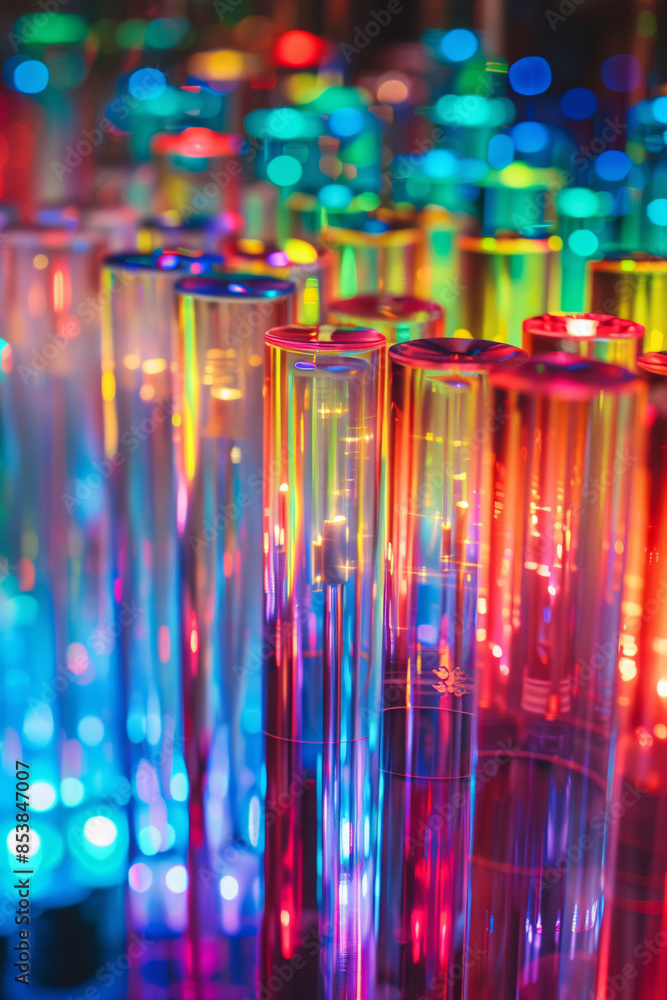 Poster transparent colorful cylinders illuminated with neon lights creating a vibrant, futuristic display