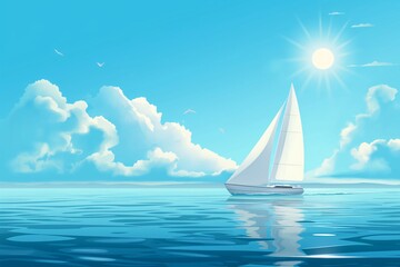 Fototapeta premium Idyllic illustration of a white sailboat gliding peacefully across the blue sea under a bright sunny sky with fluffy clouds