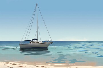 Fototapeta premium Tranquil and peaceful sailboat anchorage illustration with clear blue skies, serene seascape, and idyllic coastline, perfect for nautical and marine digital art