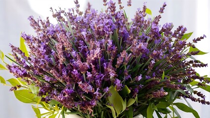 Fototapeta premium Sprigs of lavender with green leaves on a light surface background with fragrant bouquet