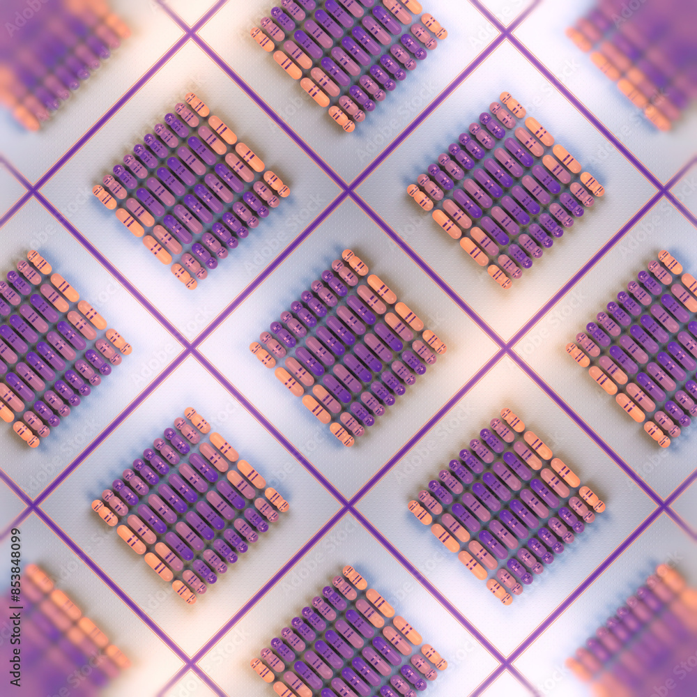 Aufkleber Abstract pattern of groups of multicolored cylindrical shapes with yellow-purple gradient. 3d rendering illustration