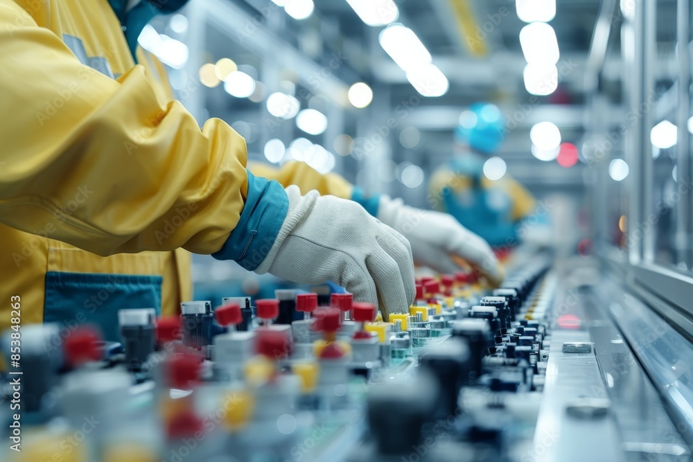 Poster precision in manufacturing: close-up of assembly line worker's skilled hands adding components with 