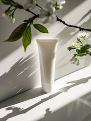 Cosmetic bottle with flower and shadows. Organic beauty products concept