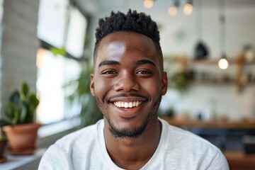 Fototapeta premium A person with a white shirt smiling directly at the camera, suitable for use in a variety of scenarios where a friendly and approachable face is needed