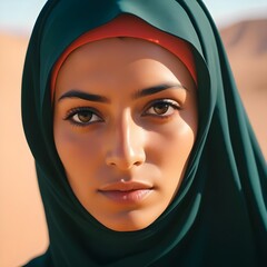 Naklejka premium Arabic afghan arabian woman in a traditional green hijab headwear close up portrait