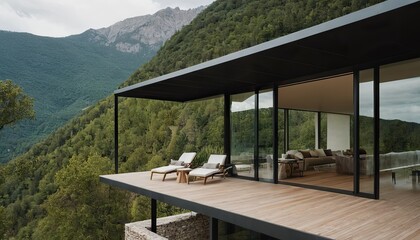Fototapeta premium Stylish new country house in nature eco villa hotel modern exterior design in the mountains 