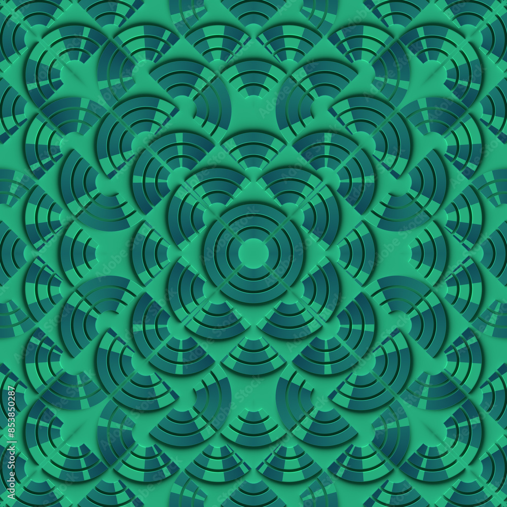 Poster Digital illustration of a pattern with a repeating motif of lines and curves with a color gradient. 3d rendering