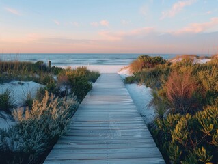 Fototapeta premium A wooden walkway leads to the sunny beach, perfect for a relaxing day out