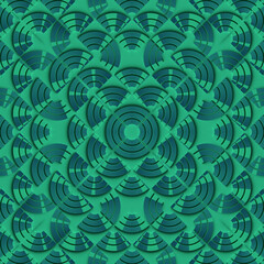 Digital illustration of a pattern with a repeating motif of lines and curves with a color gradient. 3d rendering