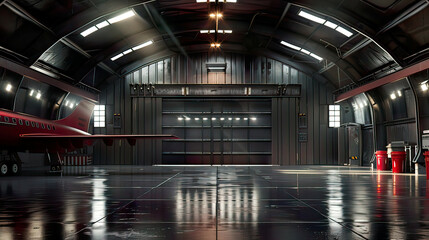 Obraz premium Detailed 3D depiction: Hangar interior with open door text space available authentic meticulous rendering.