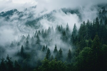 A dense forest shrouded in misty fog